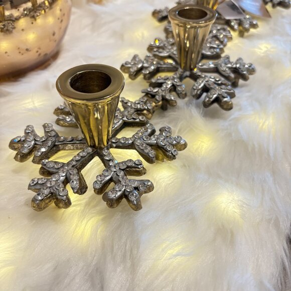 Holiday Gold Brass Metal 5 Taper Candelabra Centerpiece Snowflakes Rhinestone - Picture 5 of 9